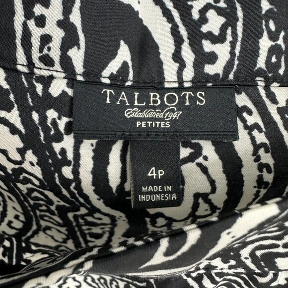 Talbots Paisley Blouse Top Cap Sleeve Satin Boat Neck Black White Work Classic - Picture 3 of 7